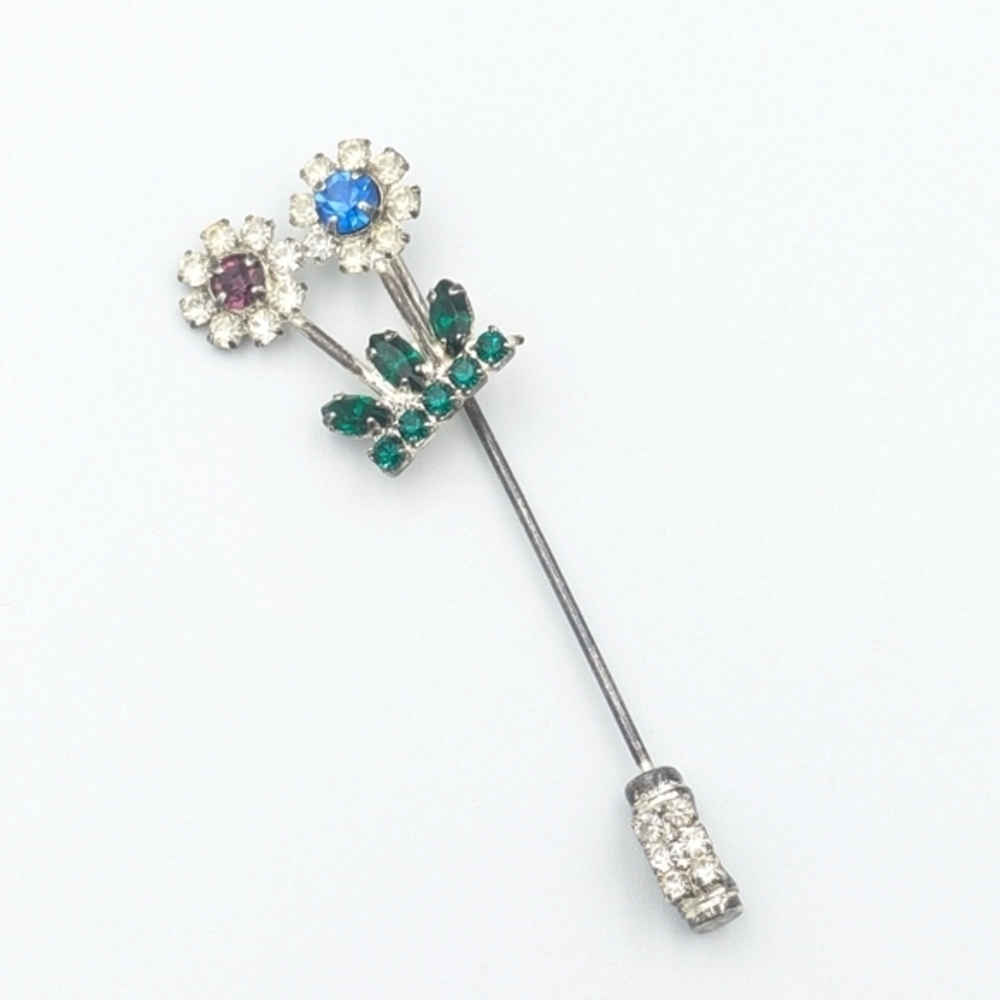 Vintage mid-century very sparkly rhinestone flower stick pin / hat pin/lapel pin